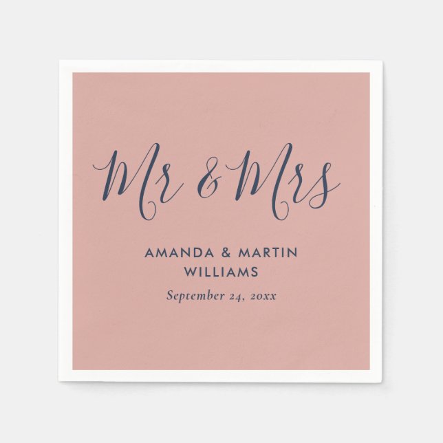 Modern Navy Blue and Blush Wedding Napkins (Front)