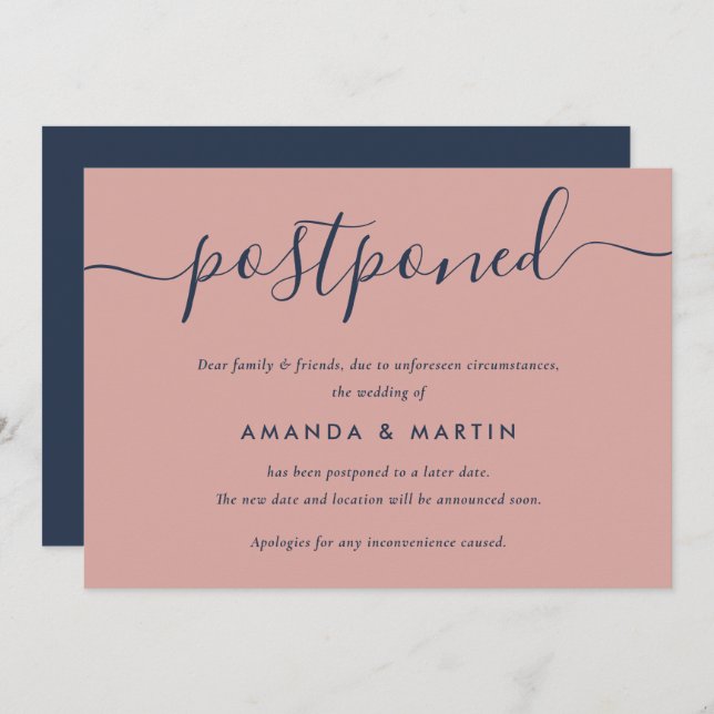 Modern Navy Blue and Blush Wedding Postponement Announcement (Front/Back)