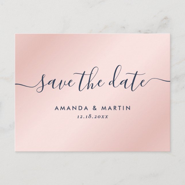 Modern Navy Blue and Blush Wedding Save The Date Announcement Postcard (Front)