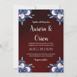 modern navy blue and burgundy wedding invitations