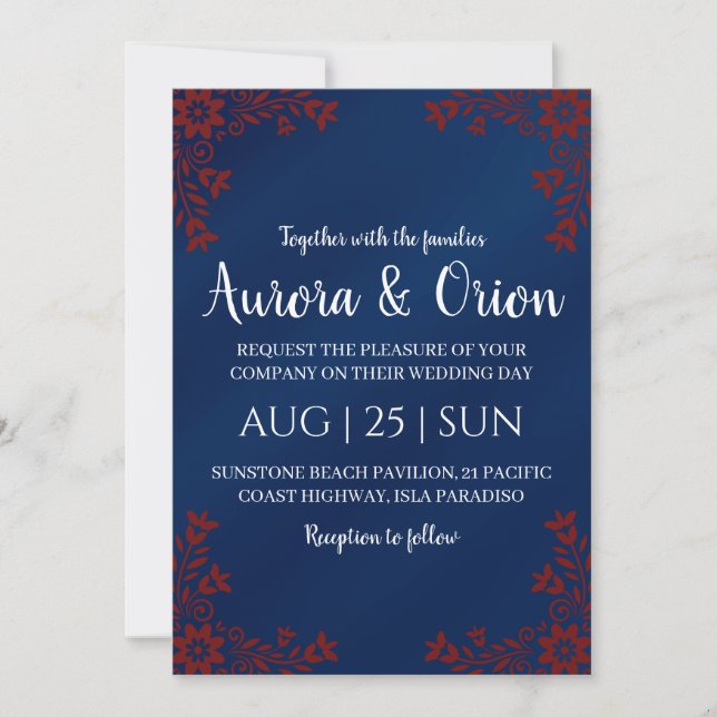 modern navy blue and burgundy wedding invitations (Front)