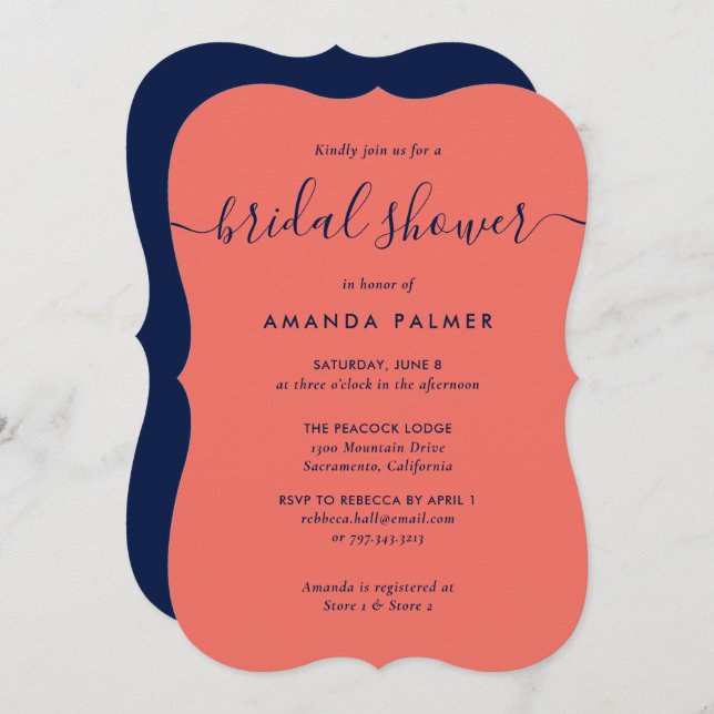 Modern Navy Blue and Coral Bridal Shower Invitation (Front/Back)