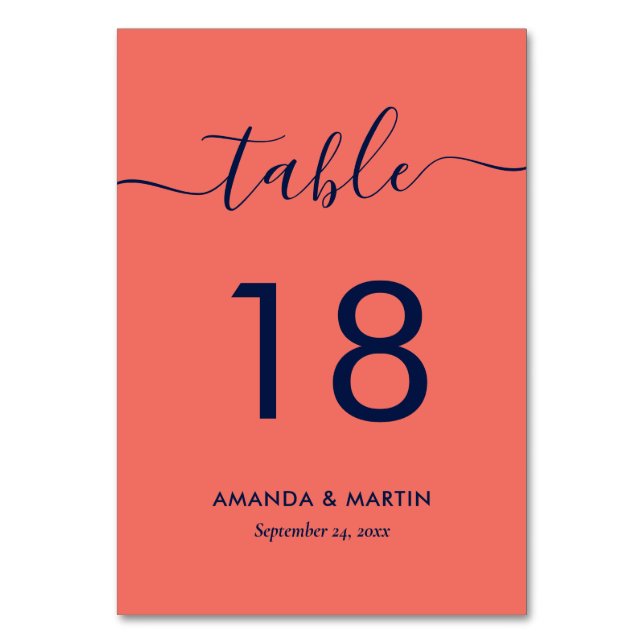 Modern Navy Blue and Coral Table Number Card (Front)