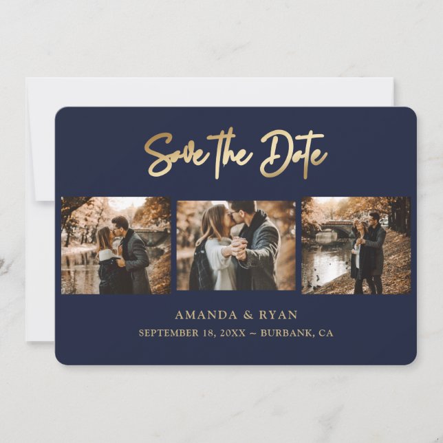Modern Navy Blue and Gold Foil Wedding 3 Photo Save The Date (Front)