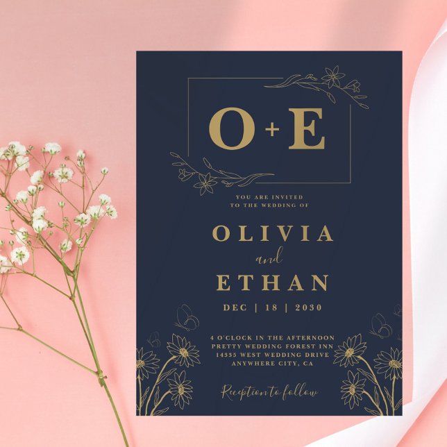 Modern Navy Blue and Gold Monogram Wedding Invitation (Creator Uploaded)