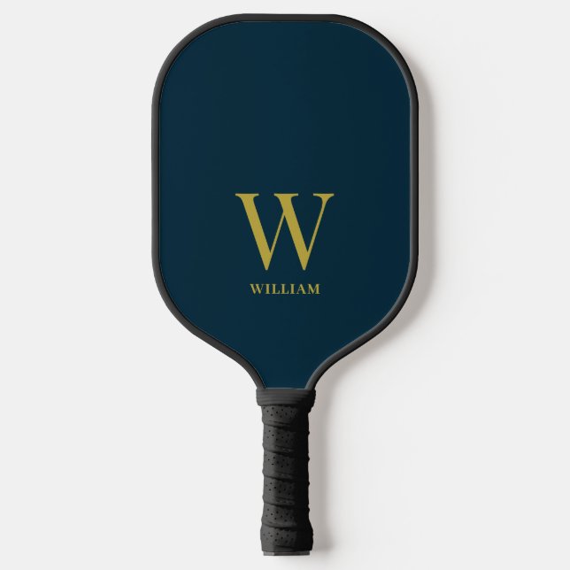 Modern Navy Blue And Gold Monogrammed Pickleball Paddle (Front)