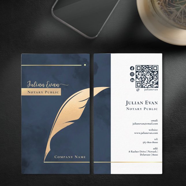 Modern Navy Blue and Gold Quill Notary Public Business Card (Creator Uploaded)