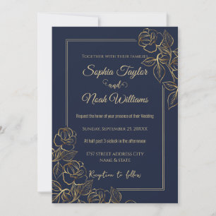 Modern Navy Blue and Gold Rose Minimal Invitation