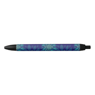 Modern Navy Blue and Green Floral Leaves Pattern Black Ink Pen