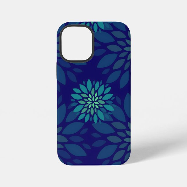 Modern Navy Blue and Green Floral Leaves Pattern iPhone Case (Back)