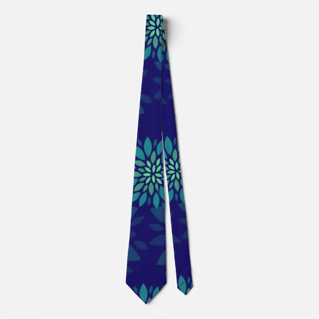 Modern Navy Blue and Green Floral Leaves Pattern Tie (Front)