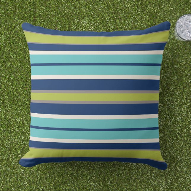 Modern Navy Blue and Green Stripes Cushion (Grass)