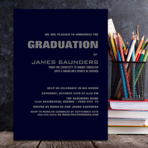 Modern Navy Blue and Grey Graduation Party Invitation