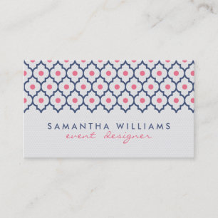 Modern Navy Blue And Pink Quatrefoil Pattern Business Card