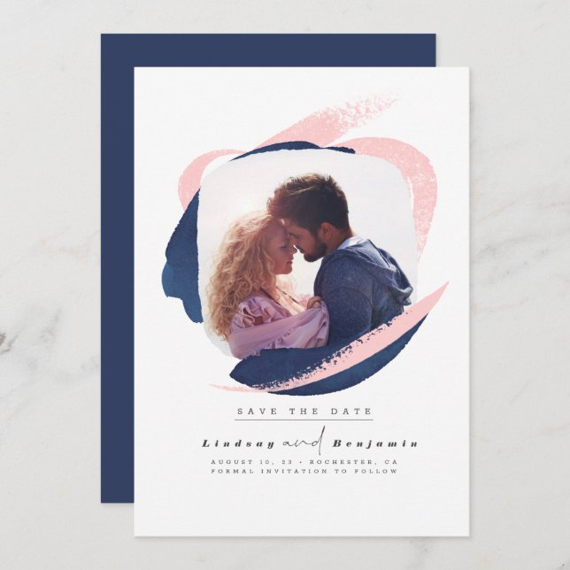 Modern Navy Blue and Pink Save The Date Photo (Front/Back)
