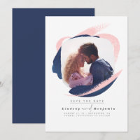 Modern Navy Blue and Pink Save The Date Photo
