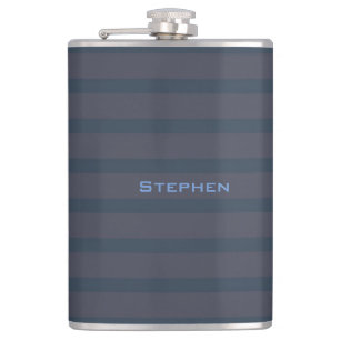 Modern Navy Blue and Plum Name Striped Flask, 8oz. Hip Flask