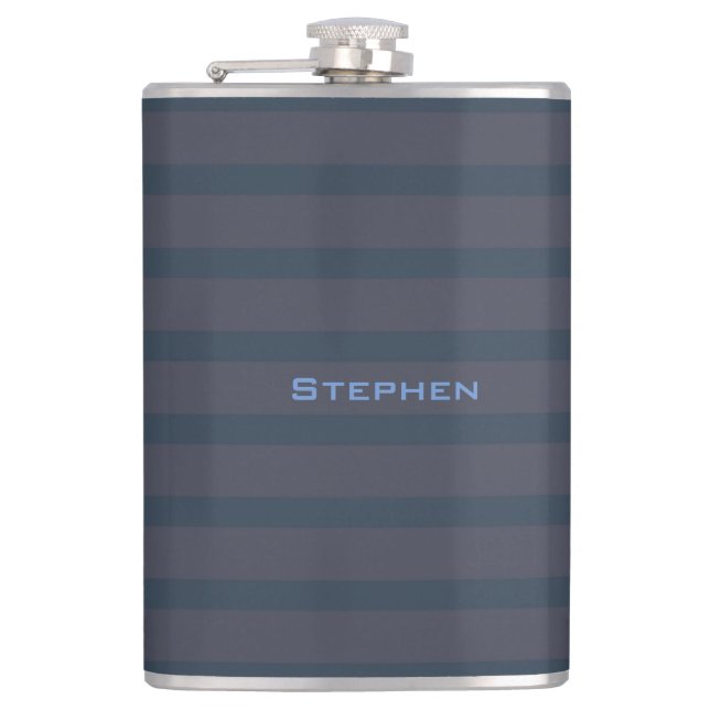 Modern Navy Blue and Plum Name Striped Flask, 8oz. Hip Flask (Front)