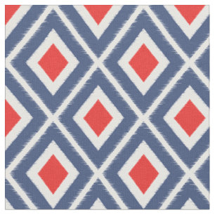 Modern Navy Blue and Red Ikat Pattern Fabric