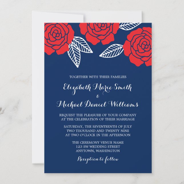 Modern Navy Blue and Red Rose Wedding Invitations (Front)