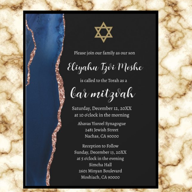 Modern Navy Blue and Rose Gold Bar Mitzvah Invitation (Creator Uploaded)