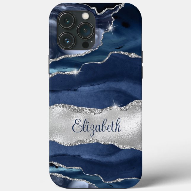 Modern Navy Blue and Silver Agate Monogram Case-Mate iPhone Case (Back)