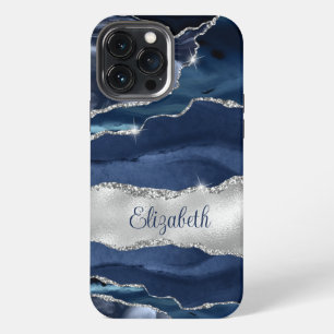 Modern Navy Blue and Silver Agate Monogram iPhone 13 Pro Max Case