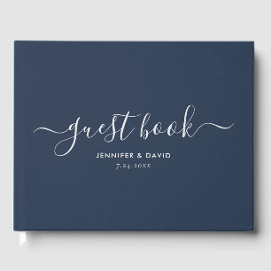 Modern Navy Blue and Silver Script Wedding Guest Book