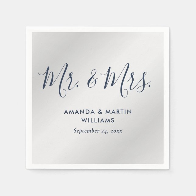 Modern Navy Blue and Silver Script Wedding Napkin (Front)