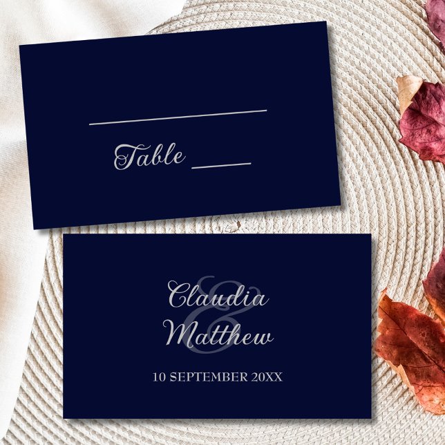 Modern Navy Blue and Silver Script Wedding  Place Card (Modern Navy Blue and Silver Script Wedding Place Card)