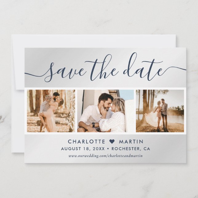 Modern Navy Blue and Silver Wedding 4 Photo Save The Date (Front)