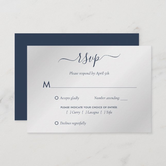Modern Navy Blue and Silver Wedding RSVP Card (Front/Back)