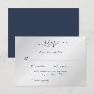 Modern Navy Blue and Silver Wedding RSVP Card