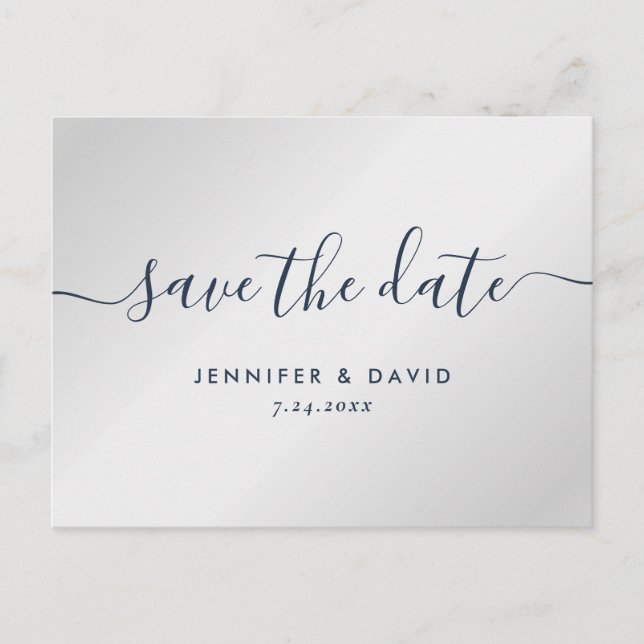 Modern Navy Blue and Silver Wedding Save The Date Announcement Postcard (Front)