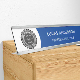 Modern Navy Blue and White - Add Logo, Name, Title Desk Name Plate