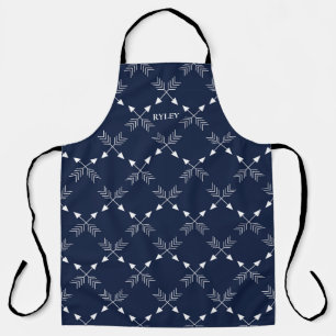 Modern Navy Blue and White Arrow Pattern Monogram Apron