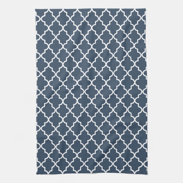 Modern Navy Blue and White Moroccan Quatrefoil Tea Towel (Vertical)