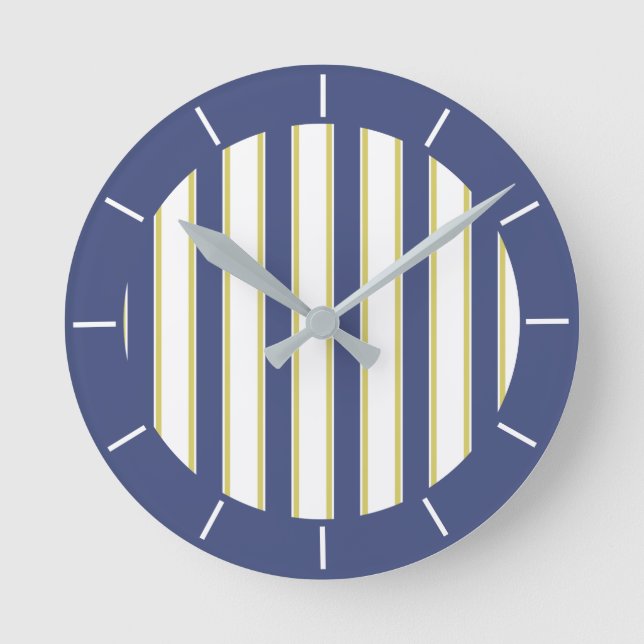 Modern Navy Blue and White Nautical Stripes Boat Round Clock (Front)
