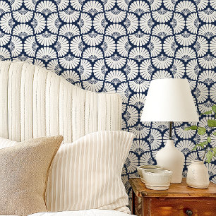 Modern Navy Blue And White Ogee Palm Fan Wallpaper