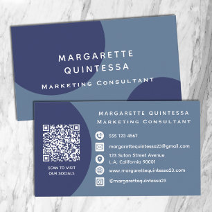 Modern Navy Blue and White QR Code Social Media Business Card