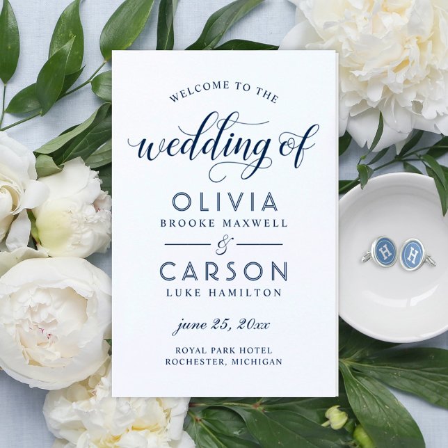 Modern Navy Blue and White Script Wedding Programs (Creator Uploaded)