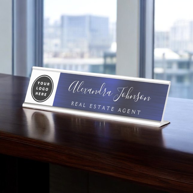Modern Navy Blue and White with Logo, Name, Title Desk Name Plate (Creator Uploaded)