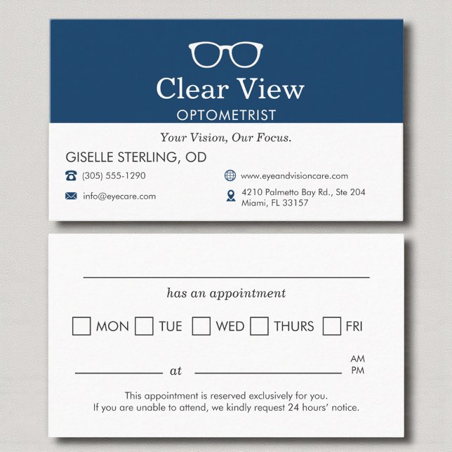 Modern Navy Blue Appointment Reminder Optometrist Card (Creator Uploaded)