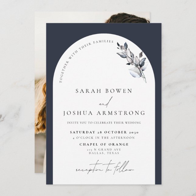 Modern Navy Blue Arch Botanical Photo Wedding Invitation (Front/Back)