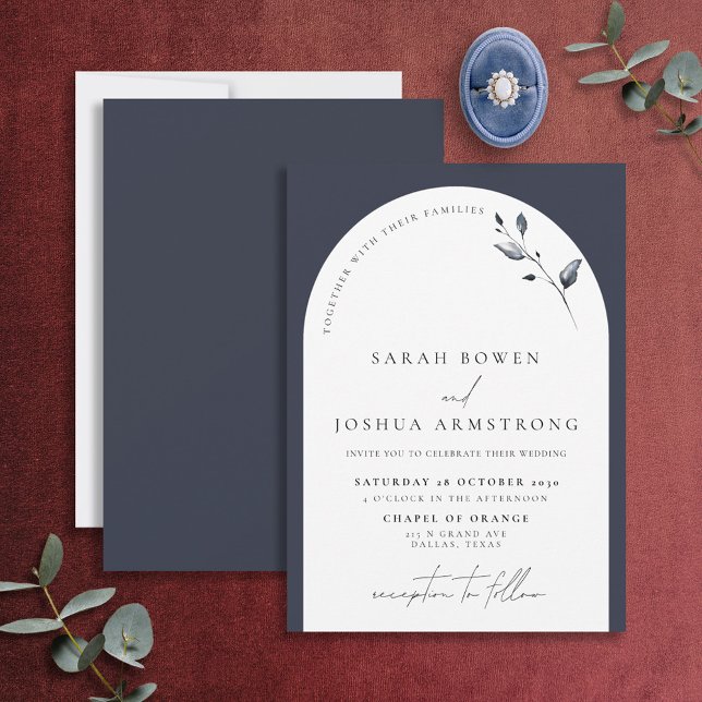 Modern Navy Blue Arch Botanical Script Wedding Inv Invitation (Creator Uploaded)