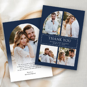 Modern Navy Blue Arch Photo Collage Wedding Thank You Card