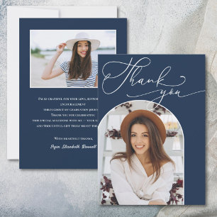 Modern Navy Blue Arch Photo Graduation  Thank You Card