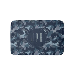 Modern Navy Blue Army Camouflage Pattern Monogram Bath Mat