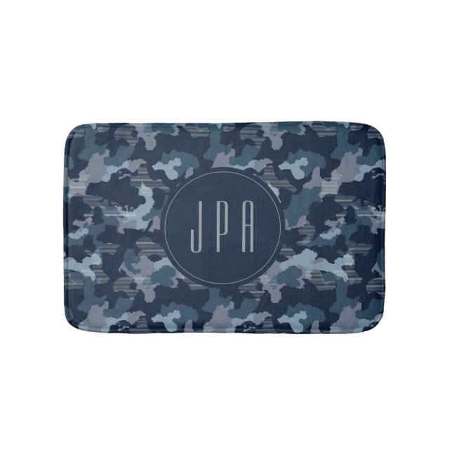Modern Navy Blue Army Camouflage Pattern Monogram Bath Mat (Front)