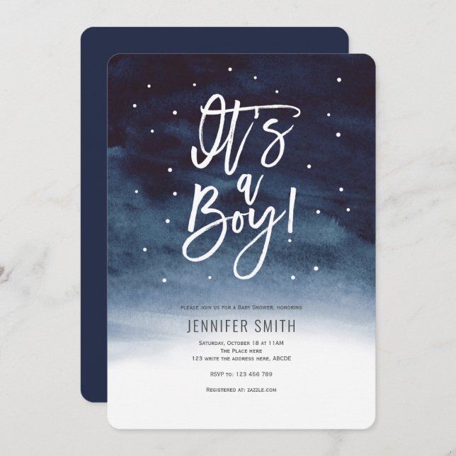 Modern, Navy Blue, Baby Boy Shower Invitation (Front/Back)